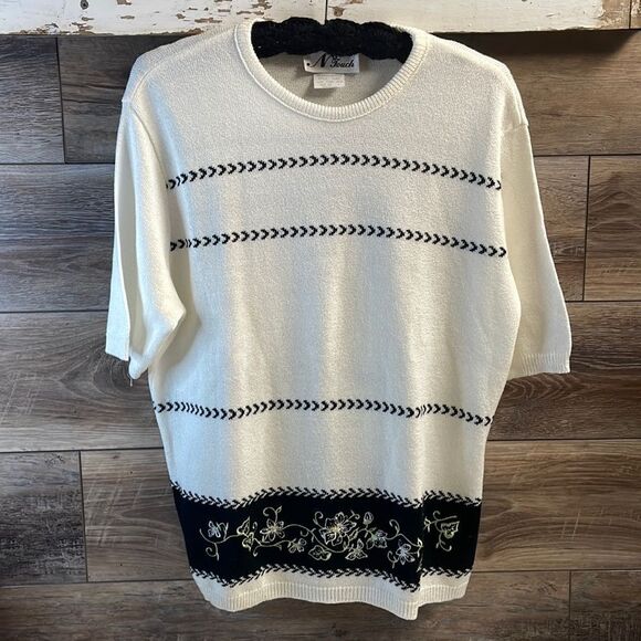 N Touch Ladies Sweater Top, Short Sleeve, Black and White, Size XL - Picture 1 of 7